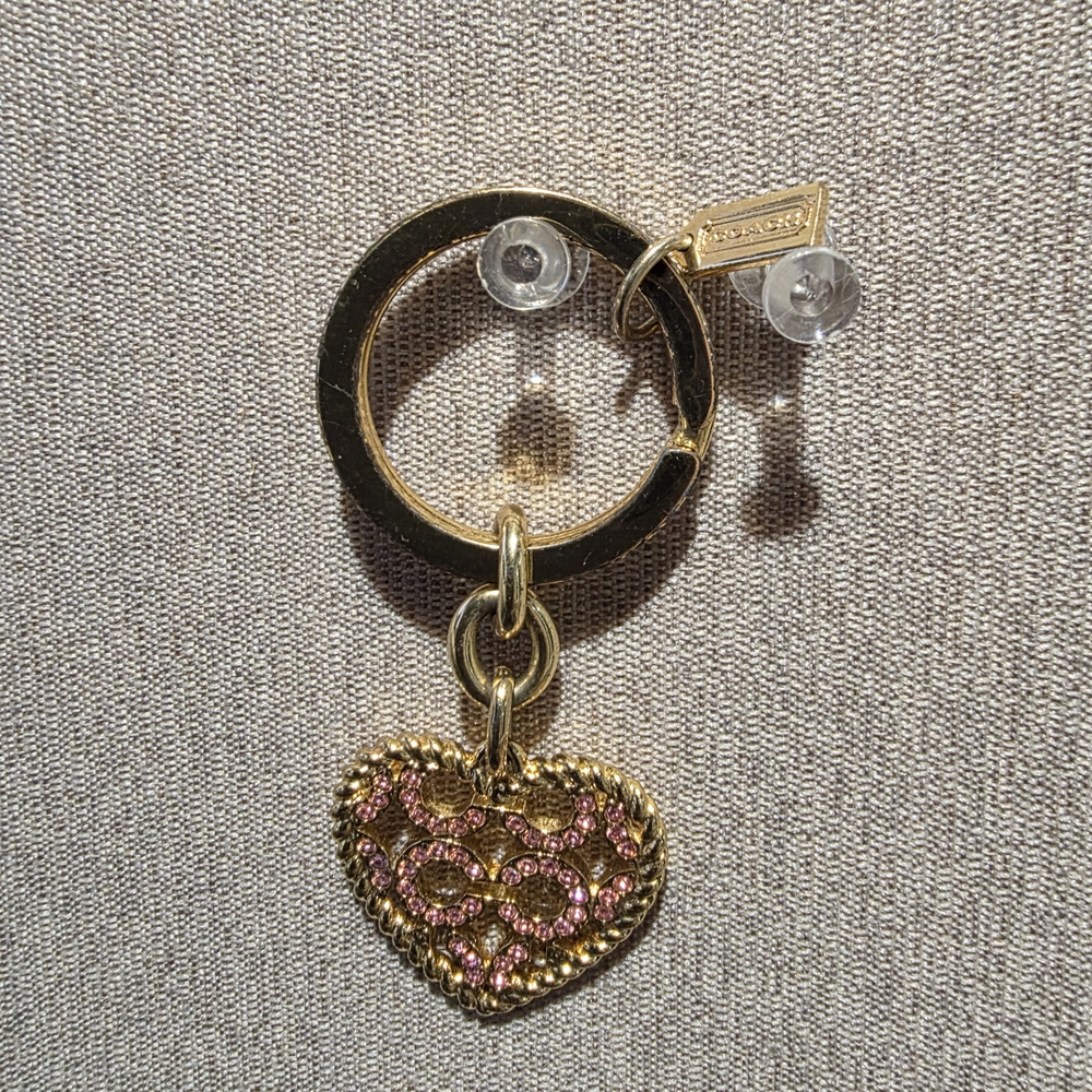 Coach Gold With Pink Pave Crystals Signature Cutout Heart Keyring